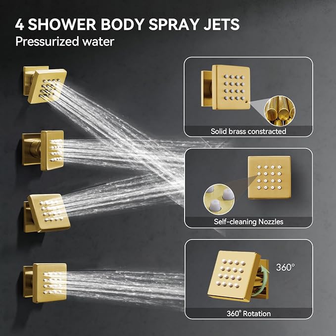 Brushed Gold Shower System with Body Jets, Bostingner 4 Way Shower Faucet Set with 2 in1 Handheld,Ceiling Mount 12 Inch Shower Head with 6 Inch Shower Head,4Pcs Body Jets With Dual Head Shower Set