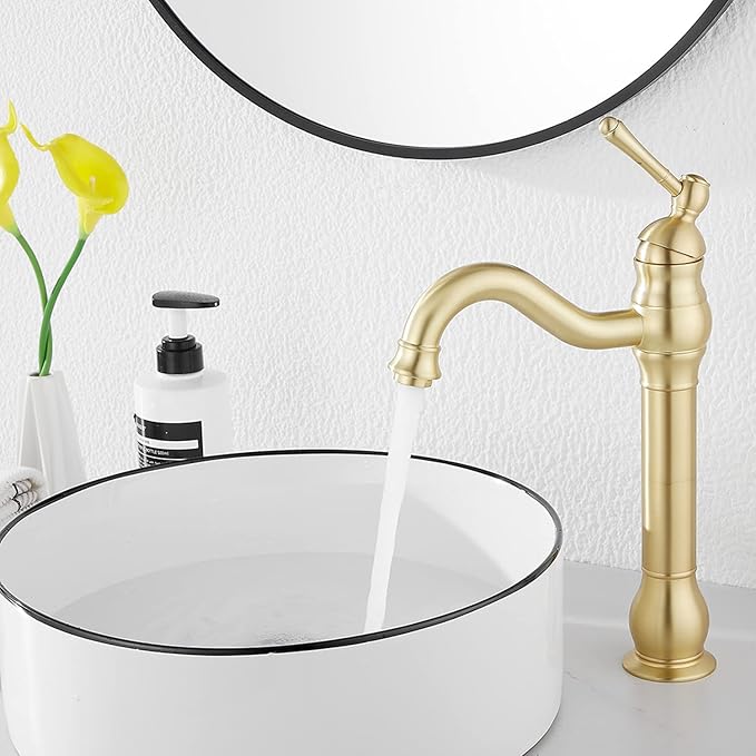 GGStudy 360 Swivel Single-Handle One Hole Vessel Sink Faucet with Matching Pop Up Drain - Brushed Gold Farmhouse Bathroom Vanity Faucet