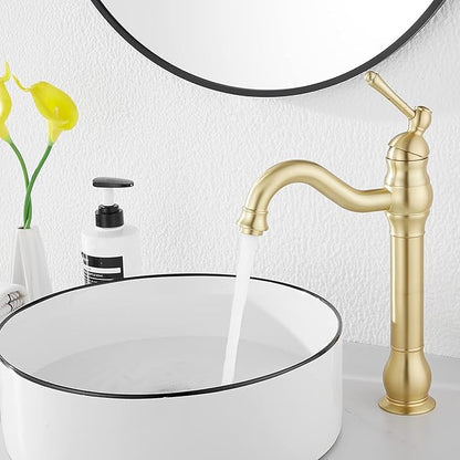 GGStudy 360 Swivel Single-Handle One Hole Vessel Sink Faucet with Matching Pop Up Drain - Brushed Gold Farmhouse Bathroom Vanity Faucet
