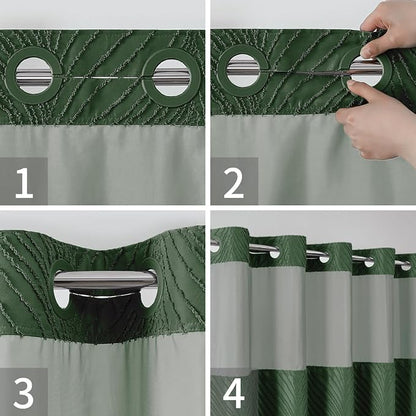 No Hook Shower Curtain and Liner Set,No Hook Tufted Striped Textured Shower Curtain with Snap in Liner Replacement and Waterproof Fabric,Boho Style with See Through Top Window,DarkGreen,71Wx86H