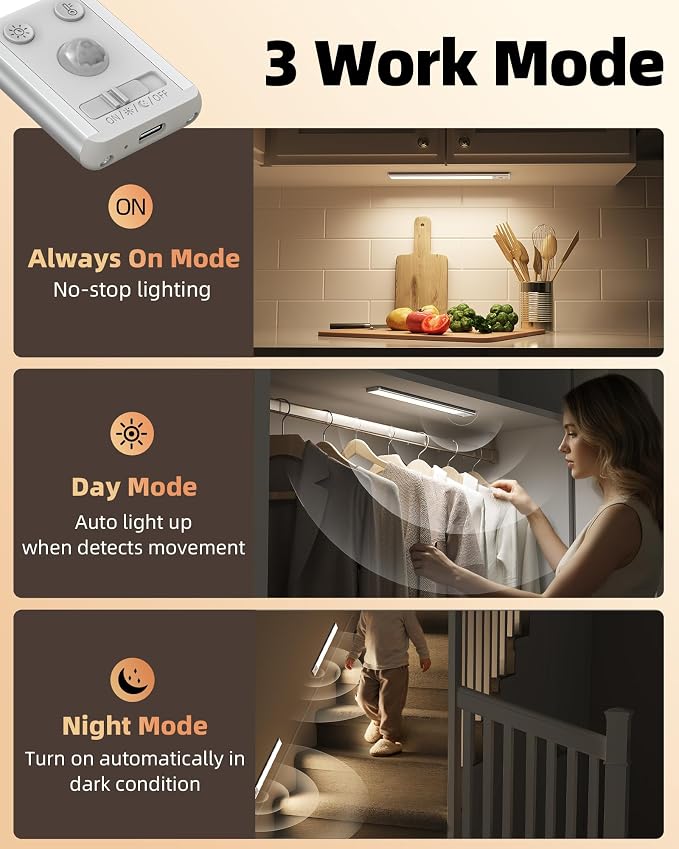 EZVALO Under Cabinet Lighting, 3500mAh Rechargeable Motion Sensor Light Indoor, 3 Color Temps, 5-Level Dimmable Magnetic Wireless Closet Lights for Kitchen, Pantry, Stairs (2 Pack)