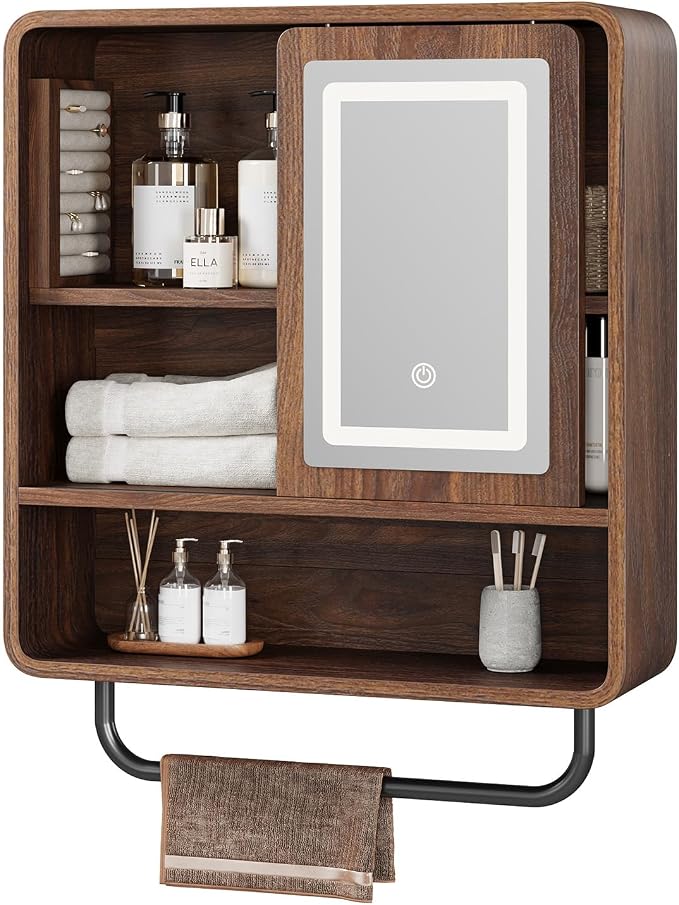 Modern Bathroom Wall Cabinet, Medicine Cabinets with Mirror, Over The Toilet Storage Cabinet for Bathroom, Towel Bar, Sliding Door, 3 Lighting Modes, Adjustable Brightness, Dark Walnut