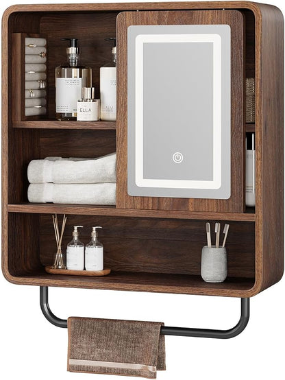 Modern Bathroom Wall Cabinet, Medicine Cabinets with Mirror, Over The Toilet Storage Cabinet for Bathroom, Towel Bar, Sliding Door, 3 Lighting Modes, Adjustable Brightness, Dark Walnut