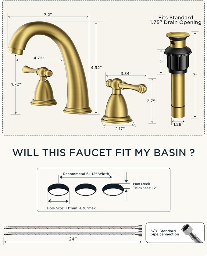 FORIOUS Brushed Gold Faucet for Bathroom Sink 3 Hole, 8 Inch Widespread Bathroom Faucet with Pop Up Drain and Water Hose Supply, 2 Lever Handles Design, for Commercial Vanity RV Lavatory Camper Sink