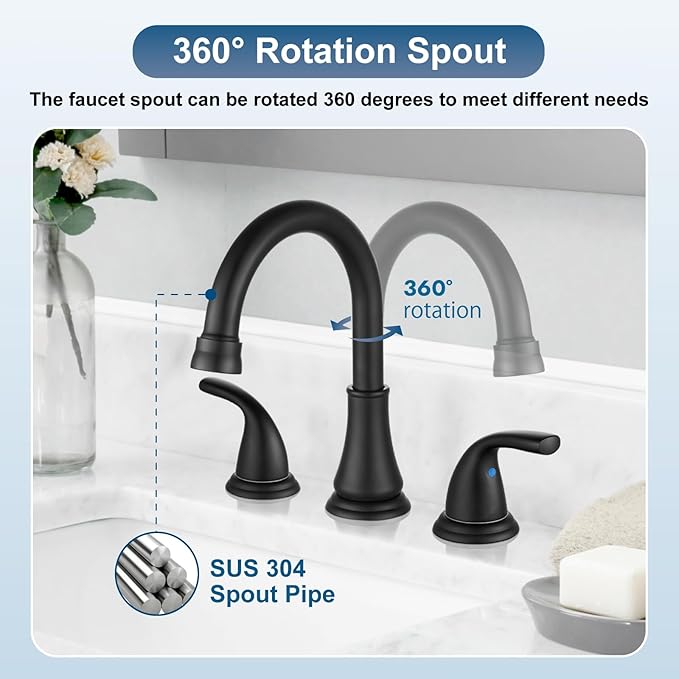Widespread Bathroom Sink Faucet Deck Mounted 3 Hole 8 inch Bathroom Vanity Faucet 2 Handles Basin Mixer Tap with Pop up Drain, Matte Black