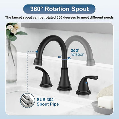 Widespread Bathroom Sink Faucet Deck Mounted 3 Hole 8 inch Bathroom Vanity Faucet 2 Handles Basin Mixer Tap with Pop up Drain, Matte Black