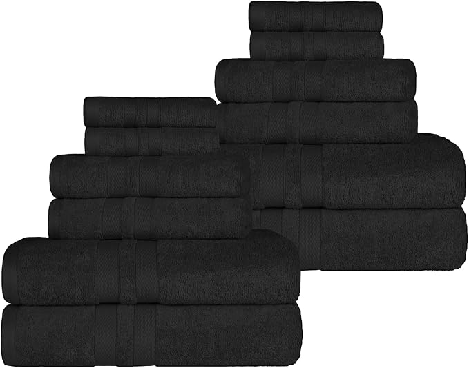 Superior Ultra-Soft Cotton Towel Set, 4 Bath Towels, 4 Hand Towels, 4 Face Towels/Washcloths, Quick-Dry, Shower, Spa Basics, Essentials, Solid, Double Line Dobby Border, 12 Piece Set, Black