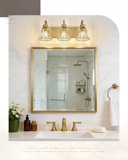 zeyu 3-Light Gold Bathroom Vanity Light with Clear Striped Glass, Modern Brass Vanity Light for Bathroom Mirror, 22 Inch Bathroom Lights Over Mirror, ZJX117B-3W BG