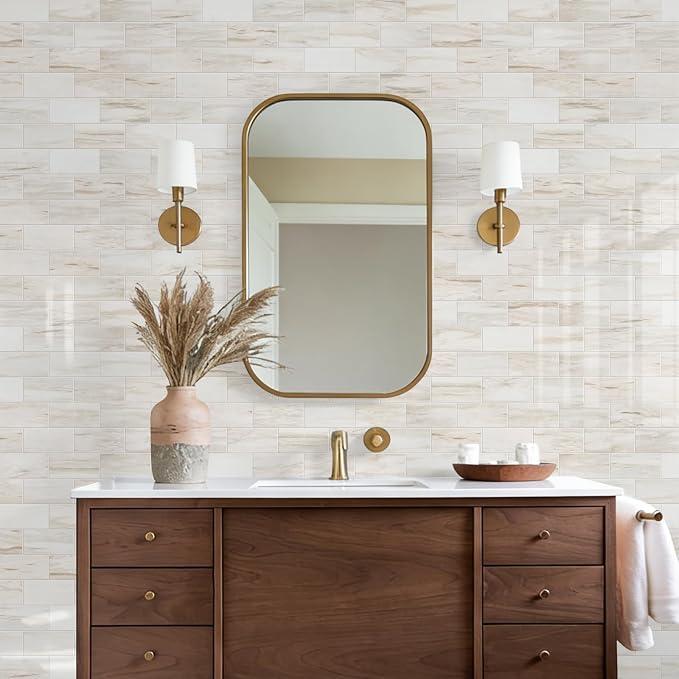 STICKGOO 10-Sheet Subway Tile Peel and Stick Backsplash, Wooden Grain | Glossy Marble Look Kitchen Backsplash Wall Tiles, Peel and Stick Wall Panels for Bathroom, Fireplace, RV