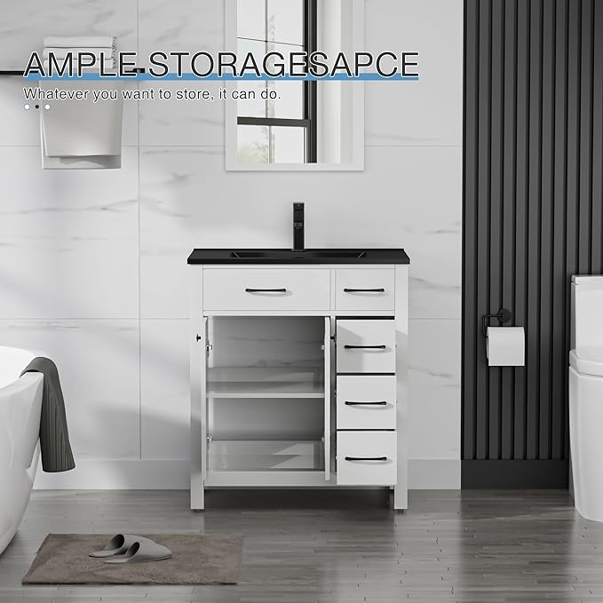LUCKWIND 30" Modern Bathroom Vanity with Black Sink, Painted Storage Cabinet with Undermounted Black Sink, Two Doors and Three Drawers, Include Faucet Without Mirror, White