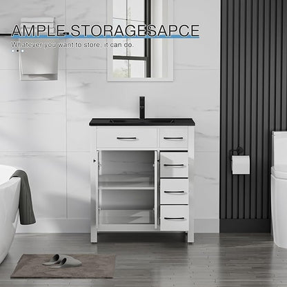 LUCKWIND 30" Modern Bathroom Vanity with Black Sink, Painted Storage Cabinet with Undermounted Black Sink, Two Doors and Three Drawers, Include Faucet Without Mirror, White