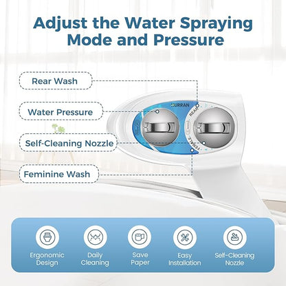 Hurran Ultra-Slim Bidet Attachment for Toilet, Retractable Dual Nozzles for Hygienic Posterior & Feminine Wash, Non-Electric with Adjustable Cold Water Pressure, Stainless Steel Inlet (Blue/White)