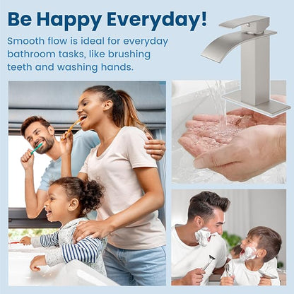 Airuida Waterfall Bathroom Faucet Brushed Nickel Single Handle Single Hole Bathroom Sink Faucet 1 or 3 Hole Basin Mixer Tap, Rv Lavatory Vanity Faucet with Deck Plate and Supply Lines