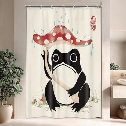 LGhtyro Funny Frog Shower Curtain Bathroom Set 48Wx71H Inches Mushroom Lovely Asian Japanese Style Traditional Black Beige Green Grassland Bath Accessories Frog Art Home Decor Fabric 8 Pack Hooks