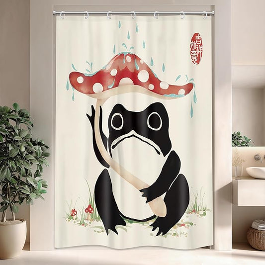 LGhtyro Funny Frog Shower Curtain Bathroom Set 48Wx71H Inches Mushroom Lovely Asian Japanese Style Traditional Black Beige Green Grassland Bath Accessories Frog Art Home Decor Fabric 8 Pack Hooks
