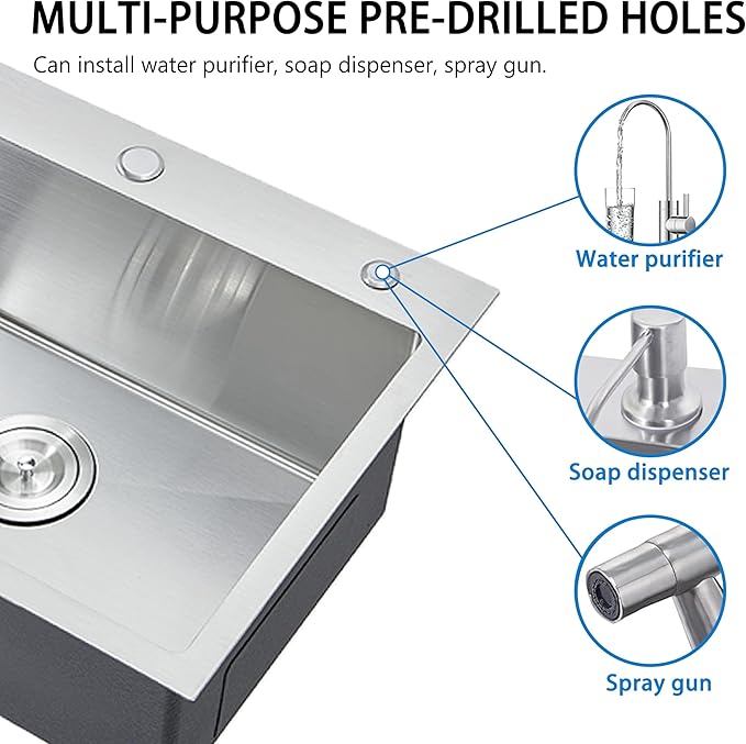 HOTIS 24 x 18 Inch Drop In Kitchen Sink, Overmount 304 Stainless Steel RV Laundry Utility Sink, Topmount Extra-thick 16 Gauge Brushed Nickel Single Bowl Sink with Dish Grid & Drain