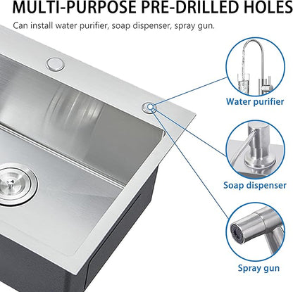 HOTIS 24 x 18 Inch Drop In Kitchen Sink, Overmount 304 Stainless Steel RV Laundry Utility Sink, Topmount Extra-thick 16 Gauge Brushed Nickel Single Bowl Sink with Dish Grid & Drain