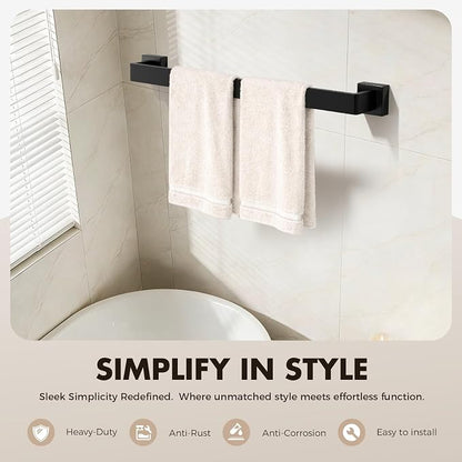 10-Pieces Matte Black Bathroom Accessories Set, 24 Inch Bath Towel Bar Set | Stainless Steel, Towel Ring, Toilet Paper Holder, Robe Hooks, Towel Racks for Bathroom Wall Mounted, Bathroom Hardware Set
