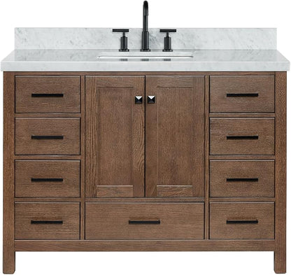 Beckford 48-Inch Brown Oak Single Bathroom Vanity with Sink, 1.5-Inch Edge Italian Carrara Marble Countertop & 4" Backsplash, Soft-Closing Doors & Drawers, Solid Oak Wood Construction