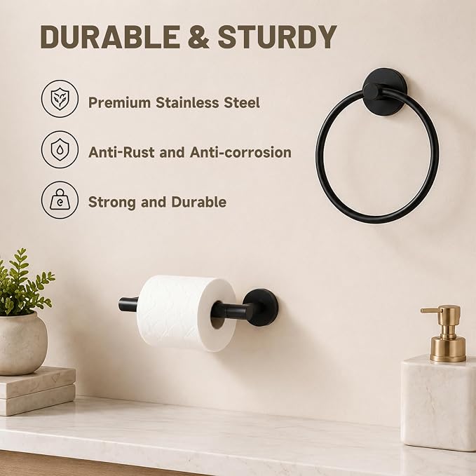 Toilet Paper Holder and Hand Towel Ring Bathroom Set | Matte Black,Stainless Steel,Wall Mount,Bathroom Accessories,Hand Towel Ring and Toilet Paper Holder Set,Easy to install
