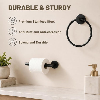 Toilet Paper Holder and Hand Towel Ring Bathroom Set | Matte Black,Stainless Steel,Wall Mount,Bathroom Accessories,Hand Towel Ring and Toilet Paper Holder Set,Easy to install