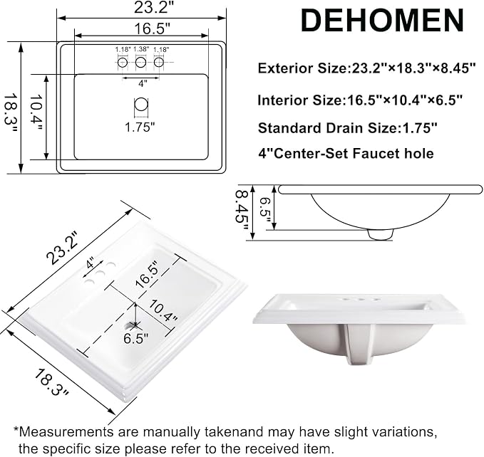 23" Drop-in Bathroom Sink with 4" Centerset 3 Hole Ceramic Basin | 23.2"x18.3", White Premium Porcelain, Self-Rimming Rectangle Design,Semi-recessed for Master Bath, Guest Powder Room Remodel
