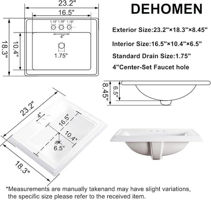 23" Drop-in Bathroom Sink with 4" Centerset 3 Hole Ceramic Basin | 23.2"x18.3", White Premium Porcelain, Self-Rimming Rectangle Design,Semi-recessed for Master Bath, Guest Powder Room Remodel