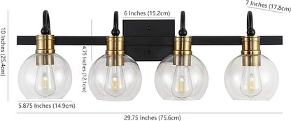 JONATHAN Y 29.75" Black/Brass Gold Vintage Wall Sconce, LED Vanity Light for Bathroom Bedroom Entryway, Clear Glass Globe Shade, Modern Industrial Arched Lamp, LED Bulb Included (JYL3529A)