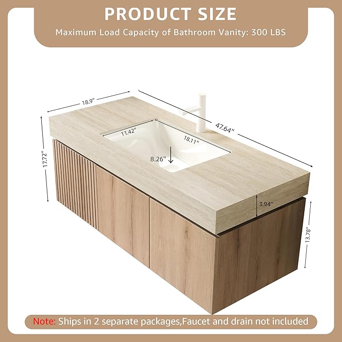 48” Floating Bathroom Vanity with Sink, Wall-Mounted Cabinet with Drawer & Doors, Roma Travertine-Pattern Countertop, Undermount Basin, Single Faucet Hole, Soft-Close, Pre-Assembled, Light Oak