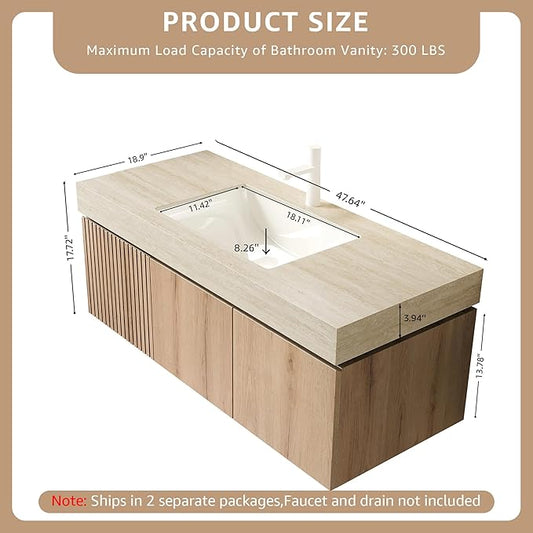 48” Floating Bathroom Vanity with Sink, Wall-Mounted Cabinet with Drawer & Doors, Roma Travertine-Pattern Countertop, Undermount Basin, Single Faucet Hole, Soft-Close, Pre-Assembled, Light Oak