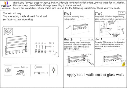 (1 Pack) Yariwiz Matte Black Towel Rack Wall Mounted No Drill and Screw Mounting, Bathroom Bath Shower Length 24 inch Double Towel Rod with Shelf Hotel Towel Rack B0503-MB