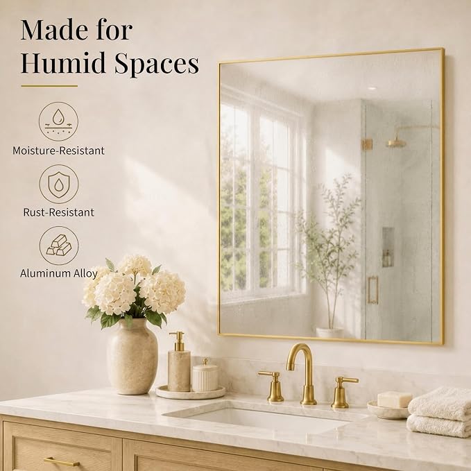 30"x36" Brushed Gold Framed Rectangle Bathroom Vanity Wall Mirror | Over-Sink Vanity Mirror, Slim Metal Frame, Entryway or Dresser Use, Vertical/Horizontal Mount, Tempered Glass