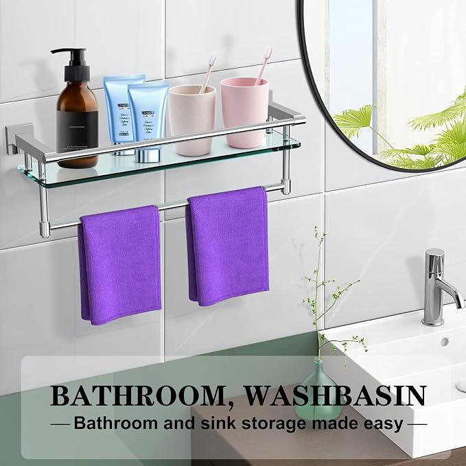 Bathroom Glass Shelf with Towel Rack Organizer Wall-Mounted Bathroom Storage SUS304 Stainless Steel Towel Bar/Track Wall-Mounted Tempered Glass Shelves (Chrome Polished, 20-inch)