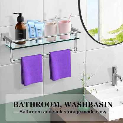 Bathroom Glass Shelf with Towel Rack Organizer Wall-Mounted Bathroom Storage SUS304 Stainless Steel Towel Bar/Track Wall-Mounted Tempered Glass Shelves (Chrome Polished, 20-inch)