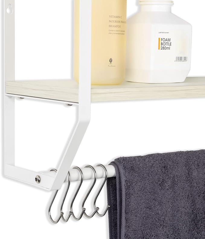 OYEAL Bathroom Shelf with Towel Bar Wall Mounted | Towel RaRustic Towel Shelf for Bathroom with 5 Hooks, 2 Tier Shelf Storage Organizer for Living Room, Kitchen, Bedroom, White
