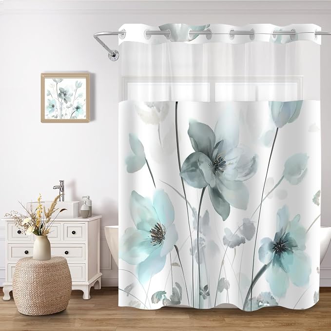 No Hook Shower Curtain and Liner Set, Teal Blue Boho Floral 71x84 | Watercolor Boho Flower, with Snap in Liner, Mesh Top Window, Waterproof, Machine Washable, Quick-Drying, for Hotel Bathroom