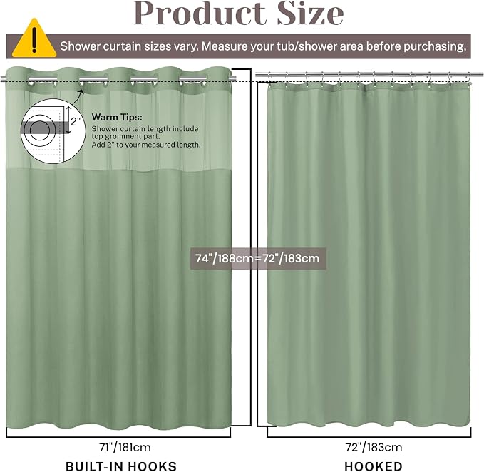 SORTTO No Hook Slub Shower Curtain with Liner, 71x74, Sage Green | Snap in Liner, 3 in 1, Bamboo Texture, Hotel Style, Waterproof Fabric, Mesh Top Window, Corner Magnets, Machine Washable