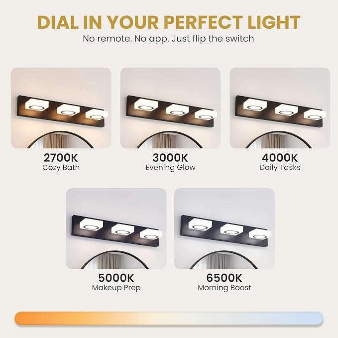 Bathroom Vanity Light, 3-Light 24 Inch Matte Black 5CCT 2700-6500K LED Bathroom Light Fixtures Over Mirror, Vanity Lighting Modern Bath Wall Sconce for Mirror Bedroom Living Room