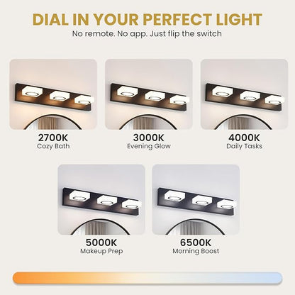 Bathroom Vanity Light, 3-Light 24 Inch Matte Black 5CCT 2700-6500K LED Bathroom Light Fixtures Over Mirror, Vanity Lighting Modern Bath Wall Sconce for Mirror Bedroom Living Room