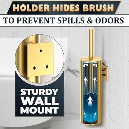 Gold Toilet Brush and Holder Set, Stainless Steel (Wall Mounted) | Toilet Brush with Holder Set, Splash Protection & Dense Bristles for Bathroom Cleaning, Strong Vacuum Suction and Holder
