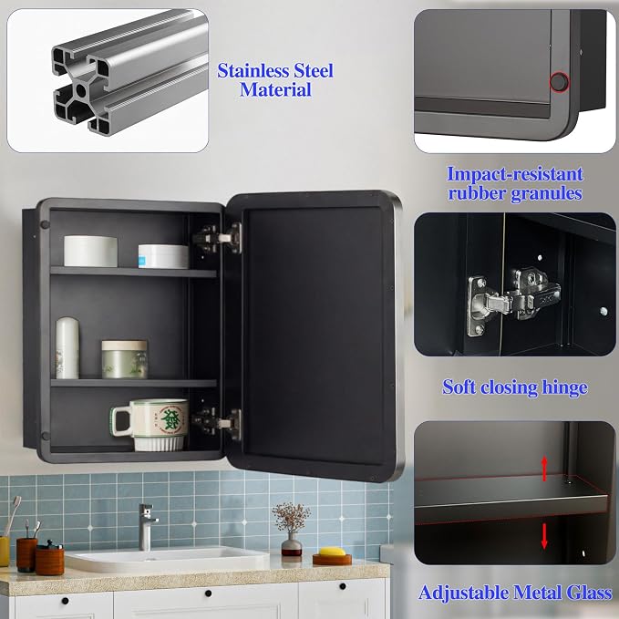 28" x 28" Bathroom Medicine Cabinet with Mirror Door, Brushed Nickel Stainless Steel Frame, Recessed or Surface Mounted,Storage Cabinet with Adjustable Metal Shelves,Upgraded Version