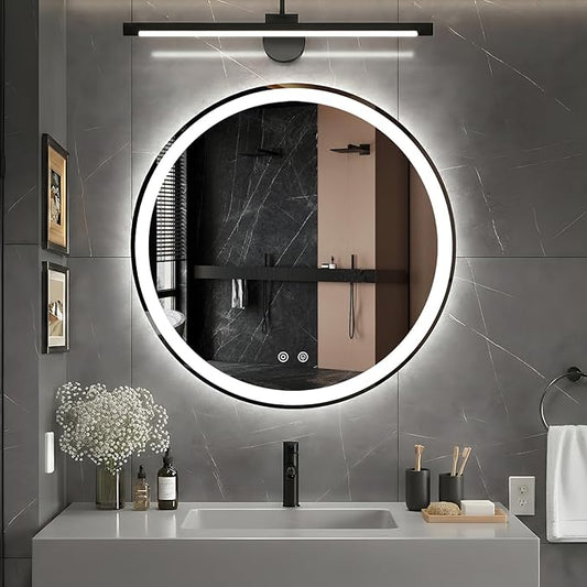 DUMOS 28 Inch Round LED Bathroom Mirror with Lights, Circle Vanity Mirror with Anti-Fog, Dimmable, 3-Color Light, Memory Function, Tempered Glass