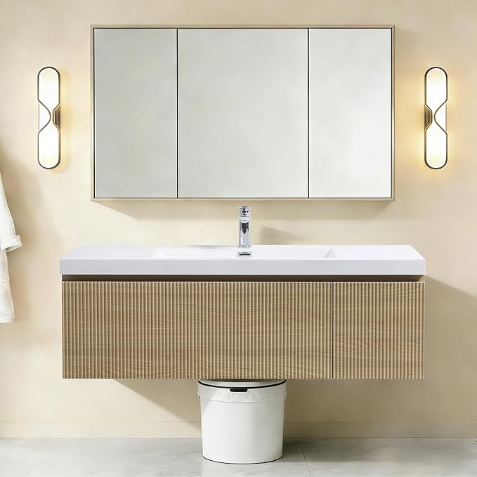 VUMALL48'' Modern Floating Bathroom Vanity Sink Combo, Wall-Mounted Striped Cabinet, Soft-Close Drawer, Glossy White Basin, Compact Elegant Storage-Natural Oak