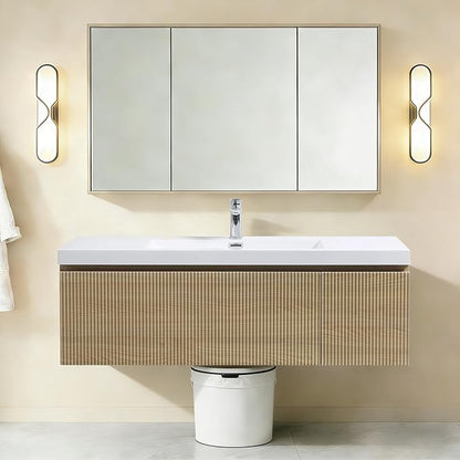 VUMALL48'' Modern Floating Bathroom Vanity Sink Combo, Wall-Mounted Striped Cabinet, Soft-Close Drawer, Glossy White Basin, Compact Elegant Storage-Natural Oak