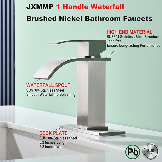 Waterfall Single Hole Bathroom Faucet, Single Handle Bathroom Sink Faucet Brushed Nickel with Pop Up Drain Assembly and Deck Plate for Sink 3 Hole Installation JXM122BN
