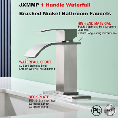 Waterfall Single Hole Bathroom Faucet, Single Handle Bathroom Sink Faucet Brushed Nickel with Pop Up Drain Assembly and Deck Plate for Sink 3 Hole Installation JXM122BN