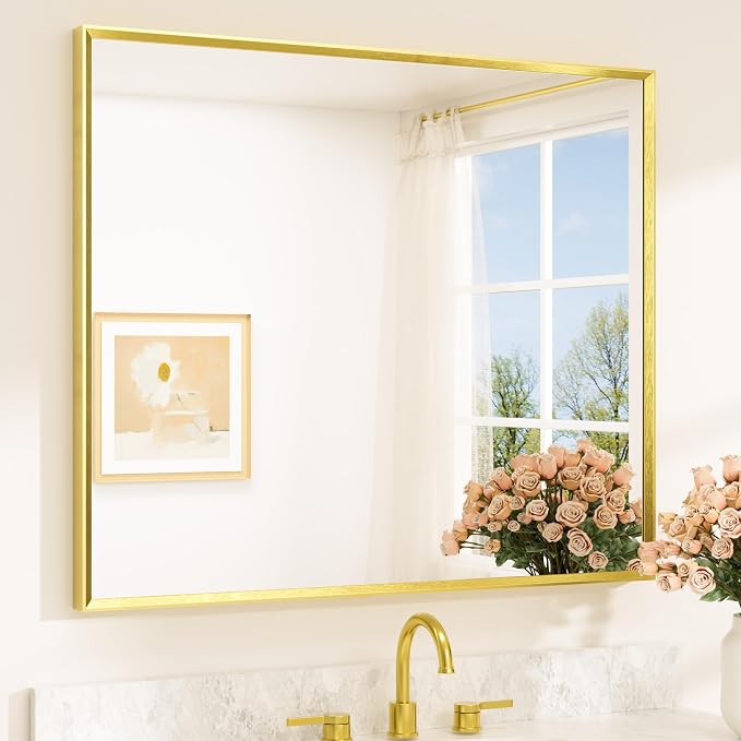 Brushed Gold Frame Mirror for Bathroom Wall 42" x 36" Brushed Brass Beveled Rectangle Bathroom Vanity Mirror for Over Sink, Bedroom, Entryway, Living Room, Tempered Glass, Stronger Frame
