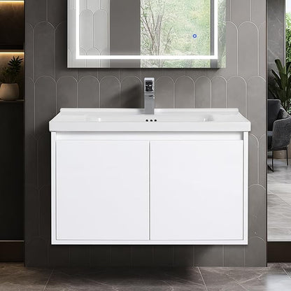 Blossom 32 Inch Wall Mounted Bathroom Vanity with Sink | Floating Wood Vanity Cabinet | Modern Soft-Close Doors & Storage | Ceramic Basin | Space-Saving Design (Glossy White, 32'' Ceramic Sink)