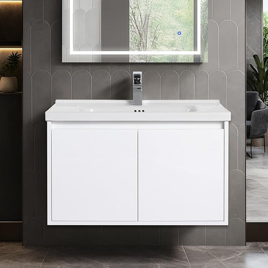 Blossom 32 Inch Wall Mounted Bathroom Vanity with Sink | Floating Wood Vanity Cabinet | Modern Soft-Close Doors & Storage | Ceramic Basin | Space-Saving Design (Glossy White, 32'' Ceramic Sink)