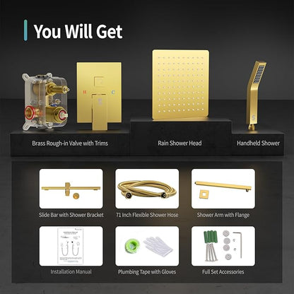 SR SUN RISE 12 Inch Brushed Gold Shower Faucet Set, Wall-Mount Adjustable 16-Inch Slide Bar with Square Hand Shower System Included Valve and Trim Kit